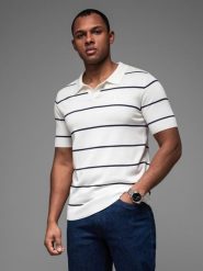 Koszulka męska polo w poziome paski z wiskozą – biało-granatowa V2 - Rozmiar: XL. Białe koszulki polo męskie Ombre Clothing, m, bez wzorów, z dzianiny, casualowe, bez ramiączek. W wyprzedaży za 69.99 zł.