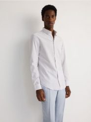 Koszula slim fit z domieszką lnu - jasnoszary. Szare koszule męskie Reserved, l, bez wzorów, z tkaniny, bez kołnierzyka, bez ramiączek. W wyprzedaży za 59.99 zł.