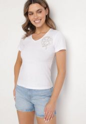 Biały T-shirt z Bawełny z Cyrkoniowym Wzorem Uliavira. Białe bluzki damskie Born2be, l, z aplikacjami, z bawełny, eleganckie, bez kołnierzyka, bez ramiączek. Za 34.99 zł.