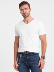 Sygnowany męski t-shirt V-neck z elastanem – biały V1 - Rozmiar: M. Białe t-shirty męskie Ombre Clothing, m, bez wzorów, z bawełny, eleganckie, bez kołnierzyka. W wyprzedaży za 52.50 zł.