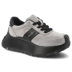 Sneakersy damskie Filippo o nowoczesnym fasonie z kontrastowymi wstawkami i czarnymi sznurówkami osadzone na wysokiej masywnej podeszwie szare, DP678. Szare półbuty damskie Filippo, bez wzorów, z jeansu, eleganckie, bez obcasa, na platformie, bez zapięcia. Za 239.00 zł.