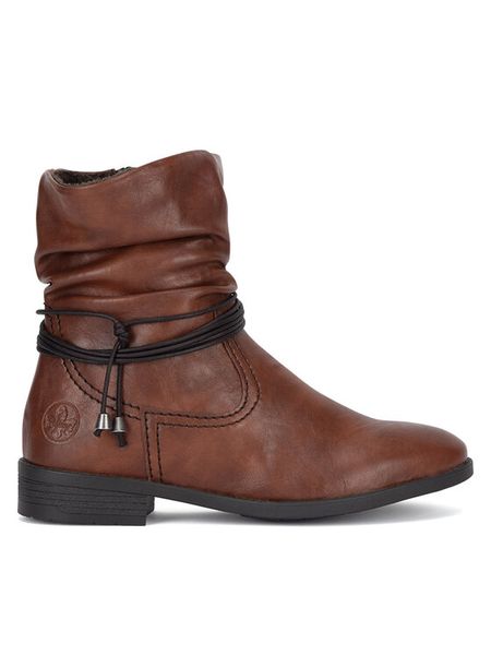 Rieker Botki 73691-25 Brązowy. Brązowe botki damskie Rieker, ze skóry, bez obcasa, na płaskiej podeszwie, bez zapięcia. Za 369.99 zł.
