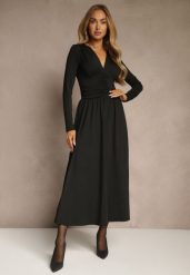 Czarna Taliowana Sukienka Longsleeve z Wiskozą z Marszczeniem i Dekoltem V Elirie. Czarne sukienki damskie Renee, na imprezę, l, bez wzorów, z wiskozy, bez kołnierzyka, bez ramiączek, maxi, oversize. Za 159.99 zł.