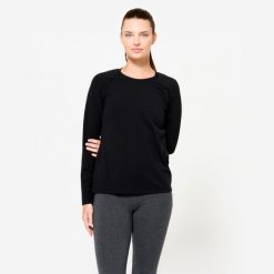 Koszulka z długim rękawem damska Domyos Gym & Pilates. Czarne koszulki sportowe damskie DOMYOS, xs, bez wzorów, z bawełny, sportowe, bez kołnierzyka. Za 49.99 zł.