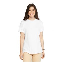 Damska Koszulka Softstyle Plain CVC T-shirt. Białe koszulki sportowe damskie Gildan, bez wzorów, sportowe, bez kołnierzyka. Za 42.99 zł.