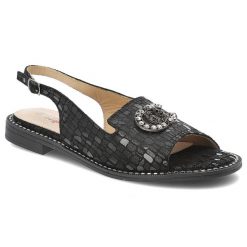 Sandały damskie S. Barski, skórzane zamszowe we wzorki z ozdobą na płaskim obcasie, czarne, KV51-096. Czarne sandały damskie S.BARSKI, z aplikacjami, ze skóry, bez obcasa, na płaskiej podeszwie, bez zapięcia. Za 149.00 zł.