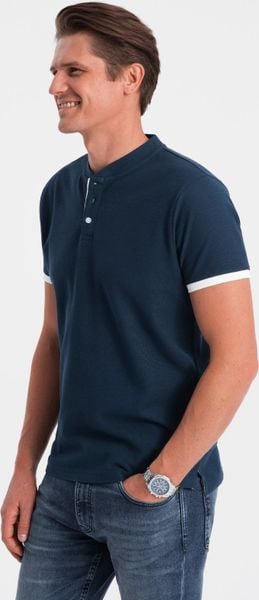Ombre Koszulka męska polo bez kołnierzyka - granatowa V4 OM-TSCT-0156 S. Koszulki polo męskie Ombre, m, bez wzorów, bez ramiączek. Za 79.99 zł.