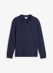 Bluza z długim rękawem i kołnierzykiem polo z czystej bawełny organicznej. Niebieskie bluzy męskie bonprix, m, bez wzorów, z bawełny, bez kaptura. Za 99.99 zł.