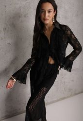 Czarna Wiskozowa Koronkowa Koszula z Bawełną i Falbanami Oraeno. Czarne bluzki damskie Renee, m, bez wzorów, z bawełny, bez kołnierzyka, bez ramiączek. Za 119.99 zł.