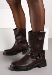 Brązowe Botki w Motocyklowym Stylu na Płaskiej Podeszwie Tinra. Brązowe botki damskie Born2be, z jeansu, eleganckie, bez obcasa, na obcasie, bez zapięcia. Za 159.99 zł.