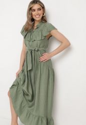 Zielona Rozkloszowana Sukienka z Wiskozą Ozdobiona Falbankami Zapinana na Guziki z Dodatkowym Materiałowym Paskiem Ganesia. Zielone sukienki damskie Born2be, na imprezę, na lato, l, bez wzorów, z materiału, eleganckie, bez kołnierzyka, bez ramiączek, maxi, rozkloszowane. Za 179.99 zł.