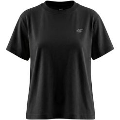 Koszulka damska 4F - krótki rękaw, dopasowany krój, miękki jersey. Czarne t-shirty damskie 4f, l, bez wzorów, z bawełny, bez kołnierzyka. Za 49.99 zł.