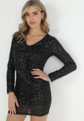 Czarna Cekinowa Sukienka Mini z Gumką w Pasie Colke. Czarne sukienki damskie Born2be, m, bez wzorów, bez kołnierzyka, bez ramiączek, mini, dopasowane. Za 149.99 zł.