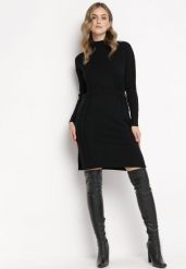 Czarna Sukienka Mini ze Sweterkowego Materiału z Półgolfem Ściągana Sznurkiem Docaliva. Czarne sukienki damskie Born2be, m, bez wzorów, bez kołnierzyka, bez ramiączek, mini. Za 84.99 zł.