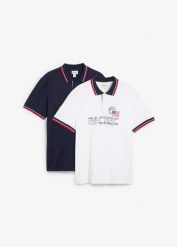 Koszulka polo z czystej bawełny, krótki rękaw (2 szt.). Niebieskie koszulki polo męskie bonprix, l, bez wzorów, z bawełny, bez ramiączek. Za 127.99 zł.