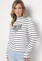 Biały Sweter Golf w Paski z Haftem Enika. Białe swetry damskie Born2be, z aplikacjami, bez kołnierzyka, bez ramiączek, długie, bez kaptura. Za 129.99 zł.