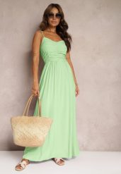 Jasnozielona Taliowana Sukienka z Wiskozy o Rozkloszowanym Kroju na Ramiączkach z Regulacją Donelsea. Zielone sukienki damskie Renee, na co dzień, na lato, m, bez wzorów, z wiskozy, eleganckie, bez kołnierzyka, bez ramiączek, maxi, kopertowe. Za 69.99 zł.