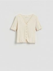 Bluzka z modalem - beżowy. Brązowe bluzki damskie Reserved, l, bez wzorów, z dzianiny, bez kołnierzyka, bez ramiączek. Za 119.99 zł.