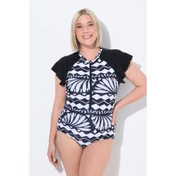 Damski Strój kąpielowy rękaw motylek miękkie miseczki zamek z recyklingu. Czarne kostiumy jednoczęściowe damskie Ulla Popken, plus size, bez wzorów, z elastanu, sportowe, plus size, do pływania. Za 294.99 zł.