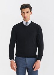 PAKO LORENTE - Czarny sweter męski v-neck. Czarne swetry przez głowę męskie Pako Lorente, na jesień, m, bez wzorów, z nylonu, bez kołnierzyka. Za 119.99 zł.