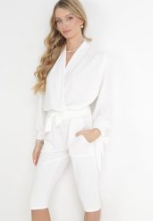 Białe Szorty za Kolano z Szeroką Gumką w Talii z Materiałowym Paskiem Kamaiza. Białe szorty damskie Born2be, plus size, bez wzorów, z materiału. Za 19.99 zł.