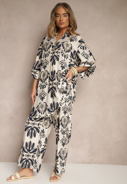 Niebieski Komplet z Wiskozą Spodnie o Szerokim Kroju i Długa Koszula Rinviela. Niebieskie koszule damskie Renee, l, bez wzorów, z wiskozy. Za 129.99 zł.