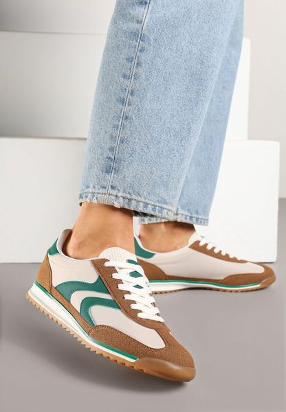 Brązowo-Zielone Sneakersy Tenisówki z Przeszyciami Julioria. Brązowe trampki i tenisówki damskie Renee, bez wzorów, z jeansu, bez zapięcia. Za 79.99 zł.