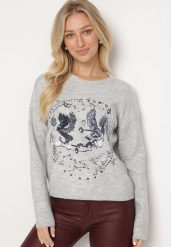 Jasnoszary Sweter z Ozdobnym Haftem z Przodu Minavira. Szare swetry damskie Born2be, uniwersalny, bez wzorów, z jeansu, eleganckie, bez kołnierzyka, bez ramiączek, bez kaptura. Za 159.99 zł.