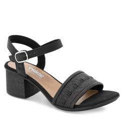 Sandały Rieker. Czarne klapki damskie Rieker, bez wzorów, bez obcasa, na słupku, bez zapięcia. Za 289.99 zł.