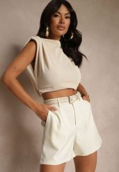 Beżowe Szorty High Waist z Paskiem Linave. Brązowe szorty damskie Renee, na lato, l, bez wzorów, eleganckie, z podwyższonym stanem. Za 79.99 zł.