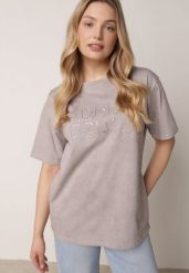 Szary Oversizowy T-shirt z Bawełny Zdobiony Haftem z Cekinami Pidella. Szare bluzki damskie Born2be, m, z aplikacjami, z bawełny, bez kołnierzyka, bez ramiączek. Za 59.99 zł.