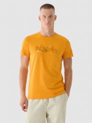 4F T-shirt regular z nadrukiem męski - pomarańczowy S. Brązowe koszulki sportowe męskie 4f, m, bez wzorów, z bawełny, bez kołnierzyka, bez ramiączek. W wyprzedaży za 29.99 zł.