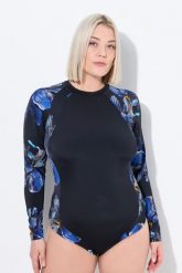 Damski Kostium kąpielowy UPF 50+ bez miękkich miseczek stójka. Czarne kostiumy jednoczęściowe damskie Ulla Popken, plus size, bez wzorów, z elastanu, plus size, do pływania. Za 233.99 zł.