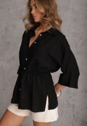 Czarna Koszula z Lnem Bawełną i Szerokimi Rękawami Moontwist. Czarne bluzki damskie Renee, m, bez wzorów, z bawełny, casualowe, bez kołnierzyka, bez ramiączek. Za 139.99 zł.