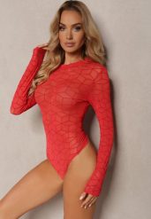Czerwone Body z Długim Rękawem z Siateczkowego Materiału z Geometrycznym Printem Virefia. Czerwone bluzki damskie Renee, m, bez wzorów, z jeansu, eleganckie, bez kołnierzyka, bez ramiączek. Za 49.99 zł.