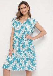 Niebieska Bawełniana Sukienka o Rozkloszowanym Kroju w Kwiaty Libella. Niebieskie sukienki damskie Born2be, do pracy, l, bez wzorów, z bawełny, biznesowe, bez kołnierzyka, bez ramiączek, midi, proste. Za 39.99 zł.