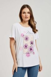 T-shirt z printem i napisem biały. Białe t-shirty damskie MOODO, xs, bez wzorów, bez kołnierzyka. W wyprzedaży za 22.49 zł.