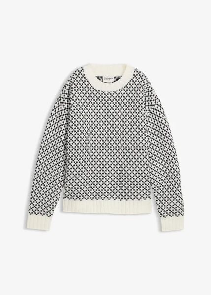 Sweter z grubej dzianiny z domieszką wełny. Czarne swetry damskie bonprix, bez wzorów, z dzianiny, bez kołnierzyka, bez ramiączek, bez kaptura. Za 124.99 zł.