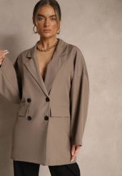Ciemnobeżowa Oversizowa Marynarka z Klapami i Dwurzędowym Zapięciem Sinthelis. Brązowe żakiety damskie Renee, z aplikacjami, eleganckie. Za 119.99 zł.