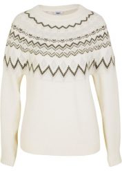 Sweter z płytkim dekoltem, w norweski wzór. Białe swetry damskie bonprix, bez wzorów, bez kołnierzyka, bez ramiączek, bez kaptura. Za 79.99 zł.