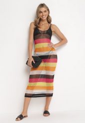 Wielokolorowa Ażurowa Sukienka Narzutka na Ramiączkach Eyvi. Żółte sukienki damskie Born2be, na lato, w ażurowe wzory, z tkaniny, bez kołnierzyka, bez ramiączek, midi. Za 99.99 zł.