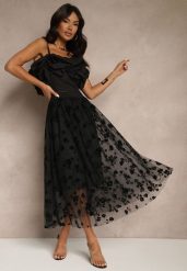 Czarna Rozkloszowana Spódnica Tiulowa Zdobiona Welurowym Printem w Kwiaty Folisena. Czarne spódnice damskie Renee, l, z aplikacjami, z materiału, eleganckie, midi, oversize. Za 69.99 zł.