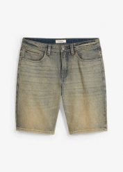 Bermudy dżinsowe z elastycznego materiału, dirty washed, regular fit. Niebieskie jeansy męskie bonprix. Za 47.99 zł.