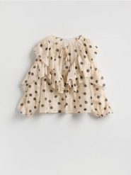 Bluzka w groszki - złamana biel. Bluzki damskie Reserved, l, bez wzorów, z lyocellu, bez kołnierzyka, bez ramiączek. Za 159.99 zł.