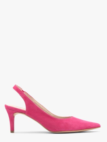 Czółenka typu slingback w kolorze fuksji. Fioletowe czółenka damskie Ryłko, bez wzorów, z gumy, bez obcasa, na szpilce, bez zapięcia. Za 349.99 zł.