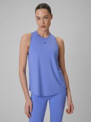 4F Top treningowy szybkoschnący damski - niebieski S. Niebieskie koszulki sportowe damskie 4f, s, bez wzorów, z materiału, bez kołnierzyka, bez ramiączek. Za 79.99 zł.