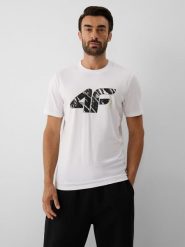 4F T-shirt regular z nadrukiem męski - biały XL. Białe koszulki sportowe męskie 4f, m, bez wzorów, z bawełny, klasyczne, bez kołnierzyka. Za 59.99 zł.