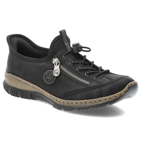Czarne Półbuty Rieker Stylowe Obuwie Damskie. Czarne obuwie sportowe damskie Rieker, bez wzorów, z materiału, eleganckie, bez obcasa, bez zapięcia. Za 314.99 zł.
