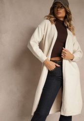 Biały Niezapinany Casualowy Kardigan z Wełną o Długim Kroju Zozita. Białe kardigany damskie Renee, uniwersalny, bez wzorów, z jeansu, eleganckie, bez kołnierzyka, bez ramiączek, długie, bez kaptura. Za 79.99 zł.