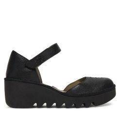 Półbuty Fly London. Czarne półbuty damskie Fly London, bez wzorów, bez obcasa, na koturnie, bez zapięcia. Za 547.99 zł.